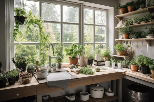 Huisje met raam tuinkruiden en potplanten in de keuken gemaakt met generatieve ai