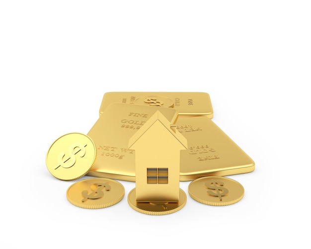 Huisje op goudstaven en dollar munten 3d