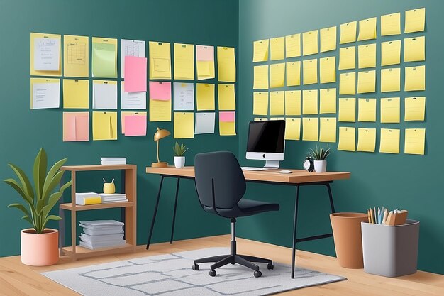 Foto huiskantoor met postit notes vector flat style illustratie