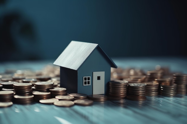 Huismodel en gouden munten als groei van hypotheekleningen
