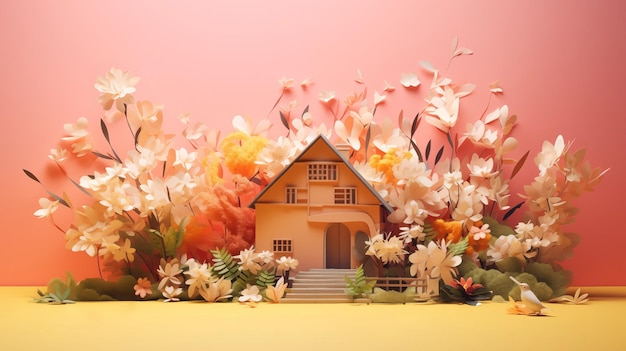 Foto huismodel in bloemen gesneden uit papier