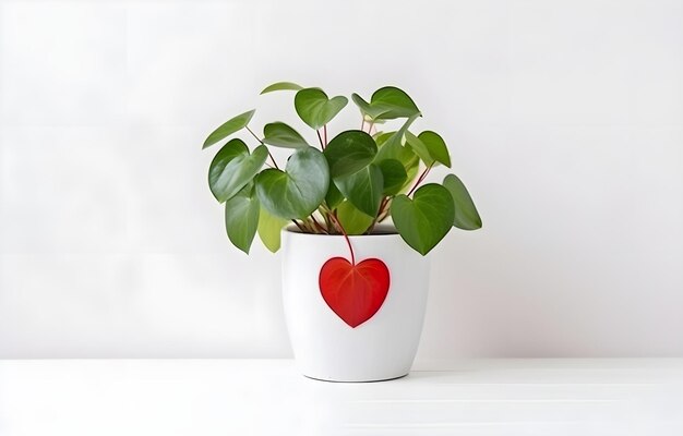 Foto huisplant met groene bladeren en rode harten op witte pot op witte houten tafel op witte achtergrond