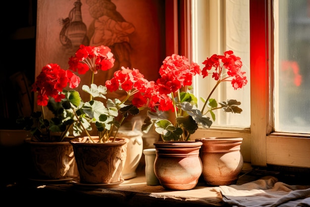 Huisplant rode geranium in oude kleipotten op de vensterbank in een oud huis Zijlicht van het raam