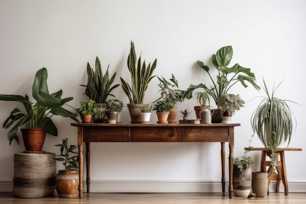 Huisplanten op een antieke houten tafel voor een witte muur