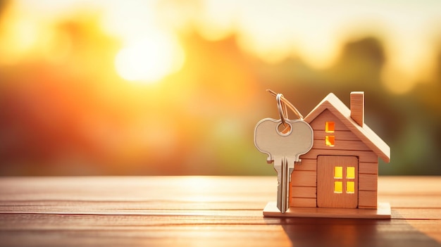 Huissleutel en huismodel zonlichtachtergrond Hypotheekinvesteringen in onroerend goed en nieuw huisconcept generatieve ai