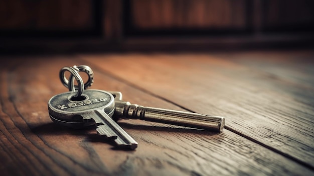 Foto huissleutel en sleutelhanger op houten tafel