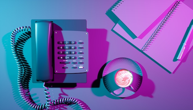 Huistelefoon in ultraviolette verlichtingsclose-up, 3d illustratie