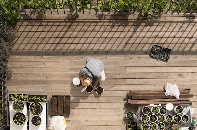 Huistuin in de achtertuin planten kweken thuis op het terras hobbybezetting ontwerpconcept