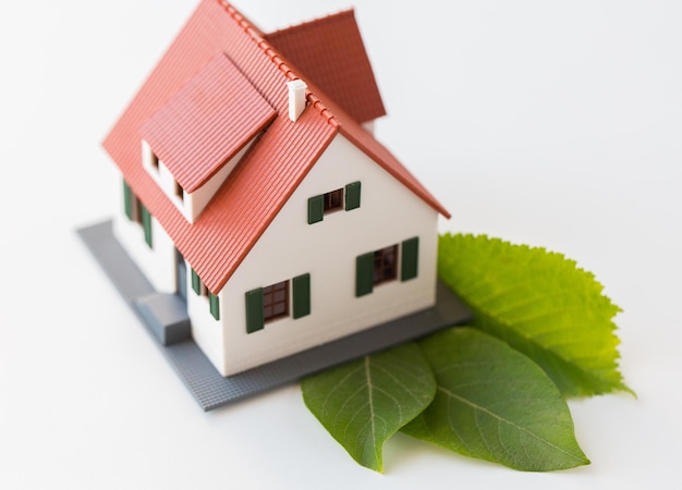 huisvesting, milieu en ecologieconcept - close-up van het levende huismodel en groene bladeren