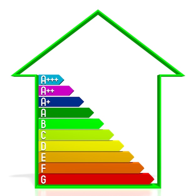 Foto huisvorm en kleurrijke stroomverbruik-effectiviteitsgrafiek 3d illustratie