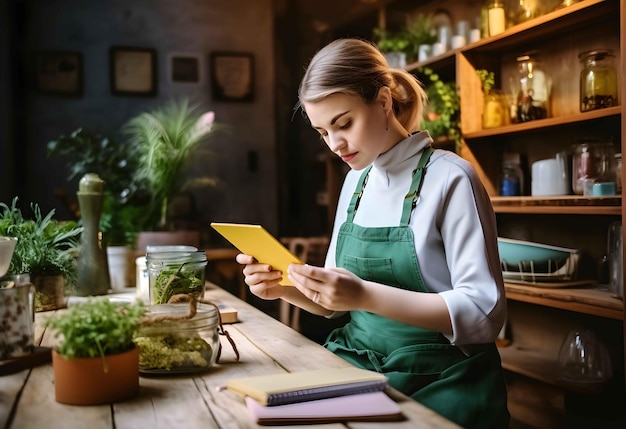 Huisvrouw gebruikt kraan om online te winkelen