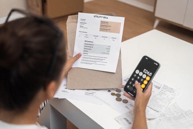 Foto huisvrouw telt energierekeningen op een smartphone-calculator met documenten in een kartonnen envelop