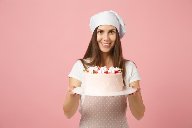 Huisvrouw vrouwelijke chef-kok kok banketbakker of bakker in schort wit t-shirt, toque chef-koks hoed houden in de hand taart op stand plaat geïsoleerd op roze pastel achtergrond in studio. Bespotten kopie ruimte voedsel concept.