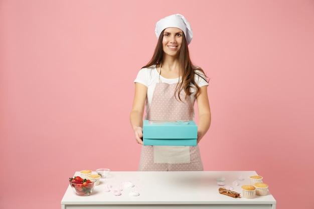 Huisvrouw vrouwelijke chef-kok kok banketbakker of bakker in schort wit t-shirt, toque chef-koks hoed verpakking cake cupcake aan tafel geïsoleerd op roze pastel achtergrond in studio. Bespotten kopie ruimte voedsel concept.