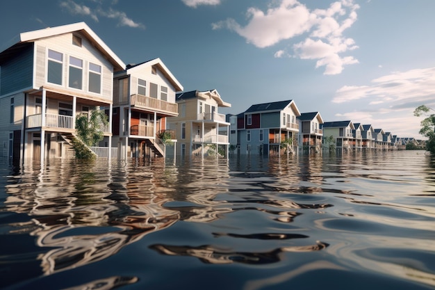 Huizen aan het water in een rij op het water met reflectie van de hemel 3D-weergave van overstroomde huizen AI Generated