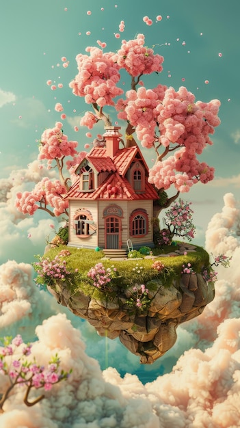 Huizen en bloemen vliegen in de lucht een sprookjeswereld