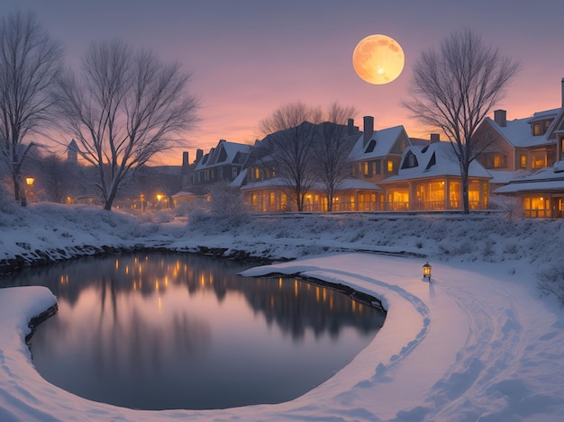 Foto huizen in europese stijl aan het meer en met sneeuw bedekte bossen