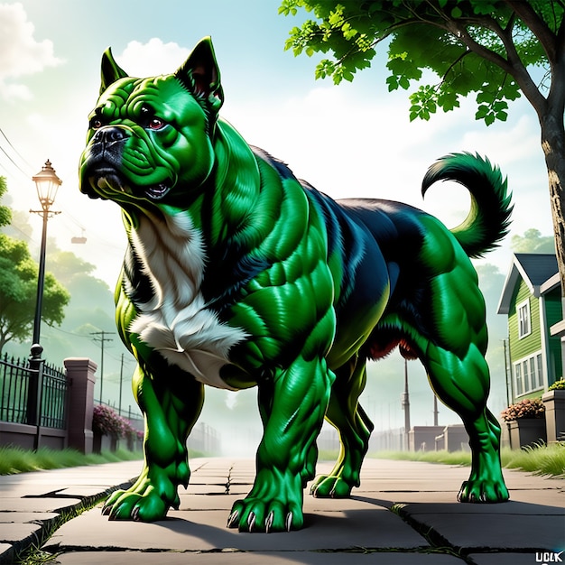 Hulk geïnspireerde hond een foto realistische afbeelding van een hond die sterk lijkt op het iconische Hulk personage