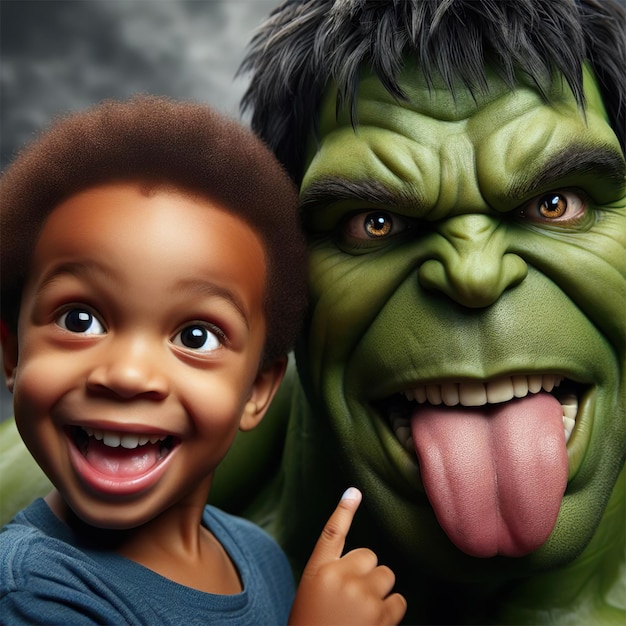 Hulk making a selfie with a little fan Hulk smash
