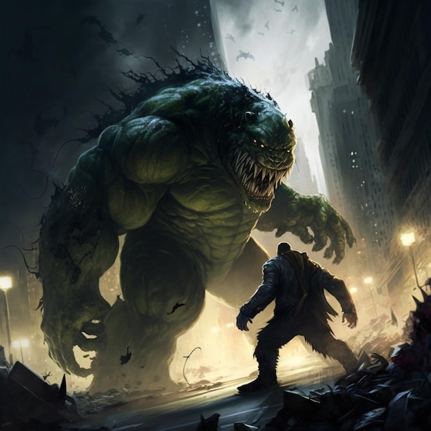 Hulk and a man walking through a city at night generative ai