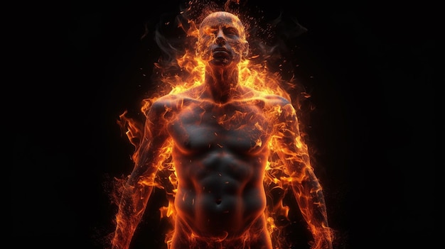 Анатомия человека в огненном пламени на черном backgroundgenerative ai
