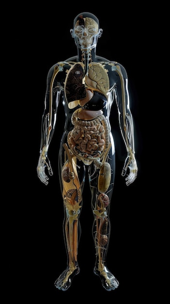 Human anatomy full body transparent skin showing organs educational