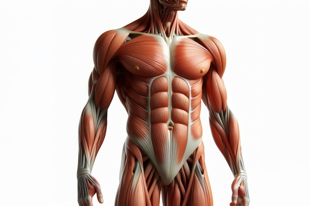 Анатомия человека показывает тело с видимой мышечной системой изолированным на твердом белом фоне генеративный ai