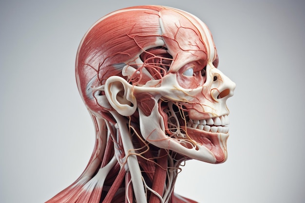 Фото Анатомия человека, показывающая голову, нос, лицо с мышечной системой на светлом фоне