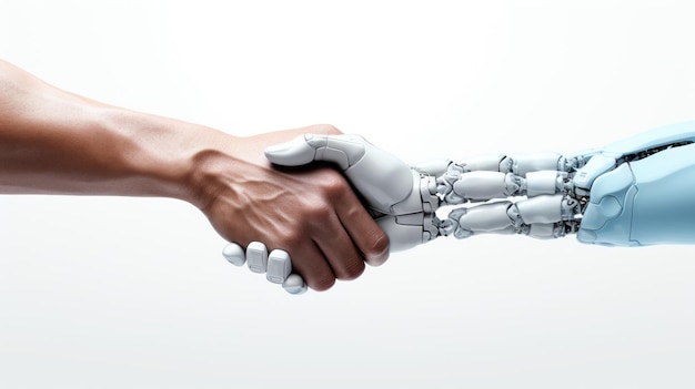 Фото Человек и робот касаются пальцев символическим жестом, созданным искусственным интеллектом