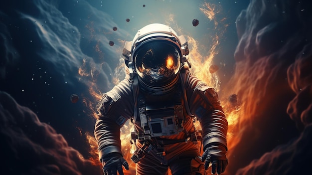Human astronaut in outer space on blue planet Earth background