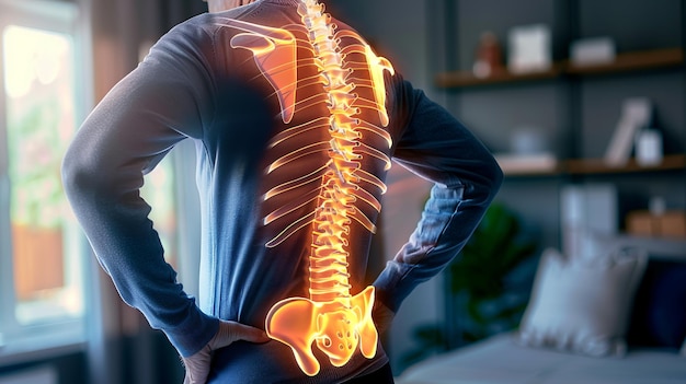 人間の背中の解剖学 背中の痛みの領域に手を握る男