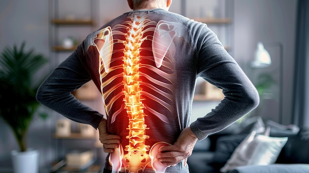 Photo human back anatomy man holding his hand in the back pain area