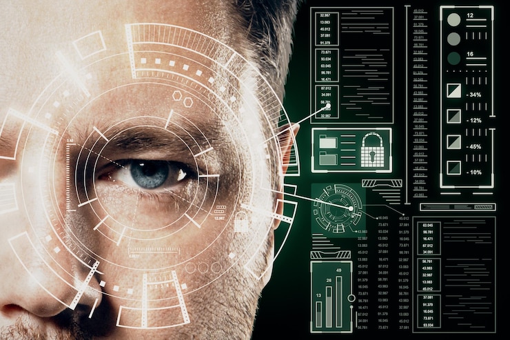 Photo human being futuristic vision concept with blue eye man and cyberspace screen