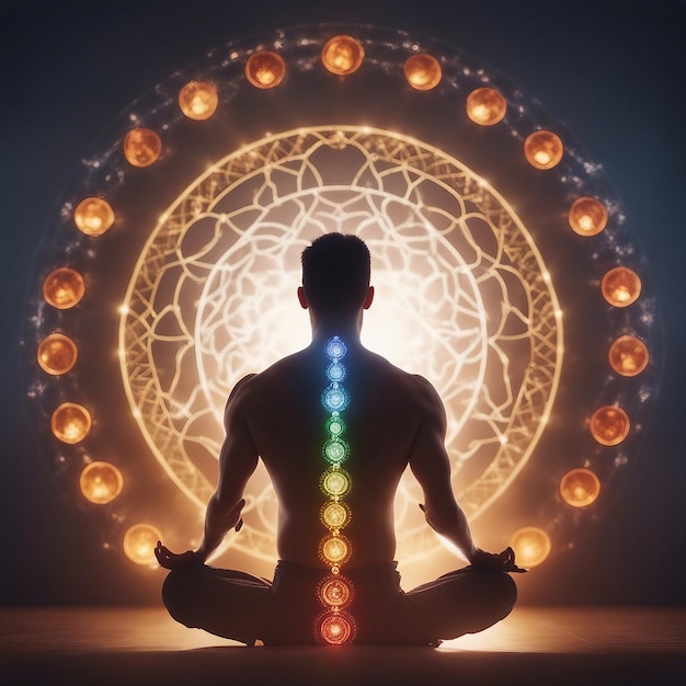 Photo human being with his 24 chakras along his vertebral column feeling full and fulfilled