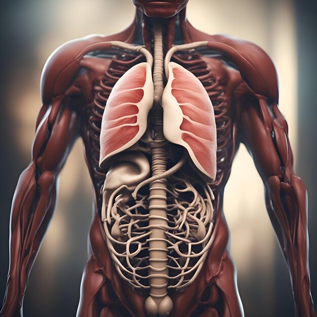 Foto anatomia del corpo umano con polmoni e vene rendering 3d