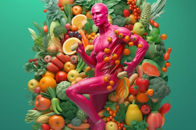 Photo a human body featuring with vegetables and fruits with generative ai