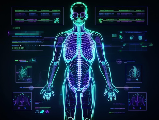 Photo human body health care digital diagnosis screen futuristic medical technology neon style illustration generative ai