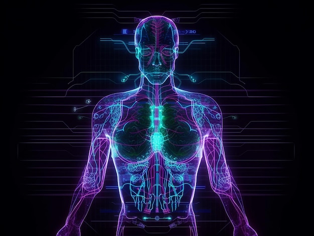 Photo human body health care digital diagnosis screen futuristic medical technology neon style illustration generative ai