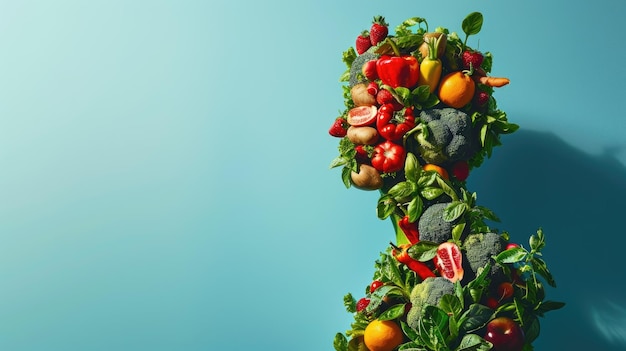 A human body made of fruits and vegetables on a blue background