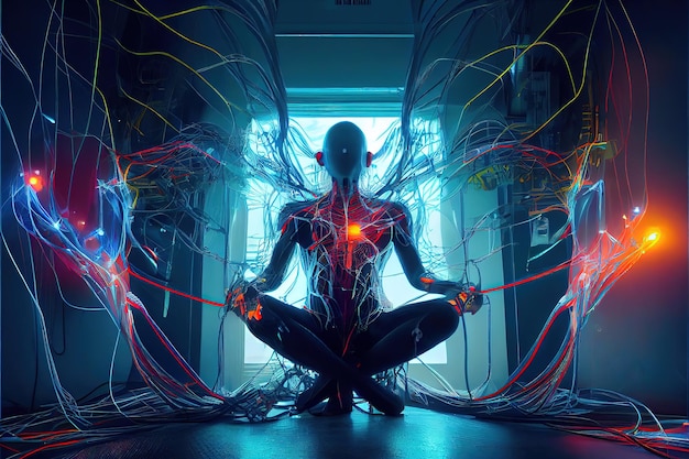 Human body meditating in Lotus pose against window AI