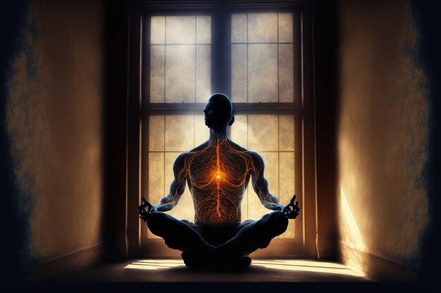 Human body meditating in Lotus pose against window.