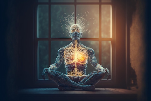 Human body meditating in Lotus pose against window.