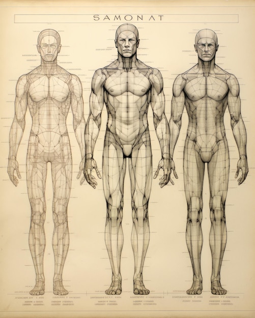 Фото Карандашный рисунок человеческого тела, показывающий симметричную сетку и отметки высоты