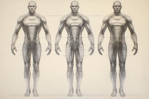 Photo human body pencil drawing showing symmetrical grid and height marks