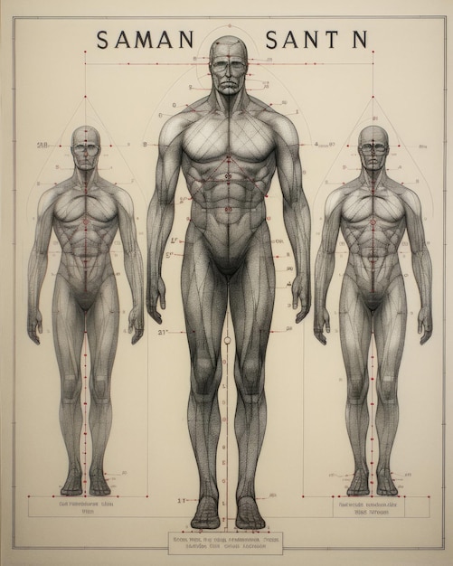 Photo human body pencil drawing showing symmetrical grid and height marks