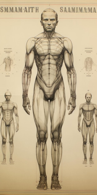 Photo human body pencil drawing showing symmetrical grid and height marks