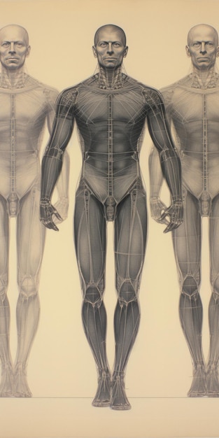 Photo human body pencil drawing showing symmetrical grid and height marks