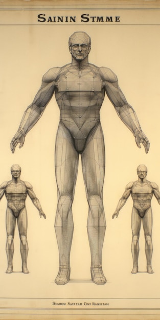 Human body pencil drawing showing symmetrical grid and height marks