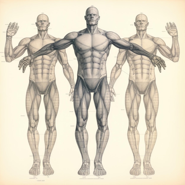 Human body pencil drawing showing symmetrical grid and height marks