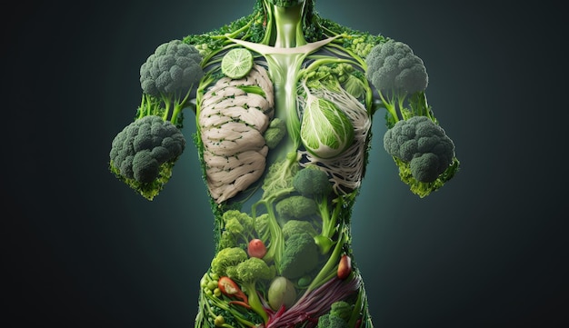 Human body shape made of Healthy of varies raw organic vegetables fresh ingredients Generative Ai